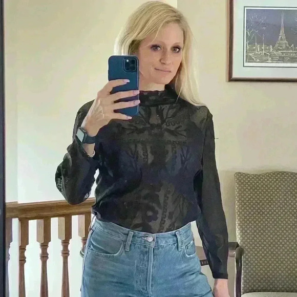 Sundance Dark Brown Sheer Lace Mock Neck Top in a Size Large. - Picture 10 of 12